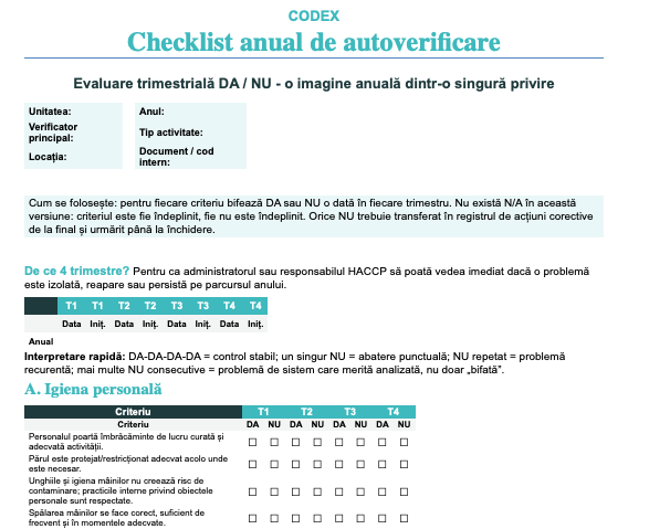 Nou pe CODEX: checklist practic pentru autoverificarea siguranței alimentelor