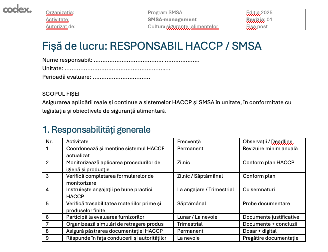 Fișă de lucru: RESPONSABIL HACCP / SMSA